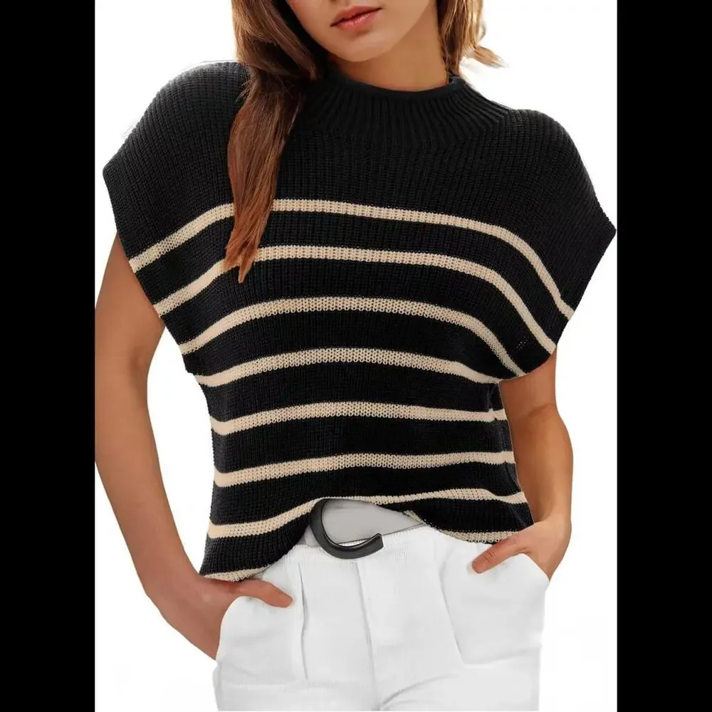Cap Sleeve Mock Neck Basic Loose Fit Ribbed Knit Pullover, Size XL - Picture 1 of 3